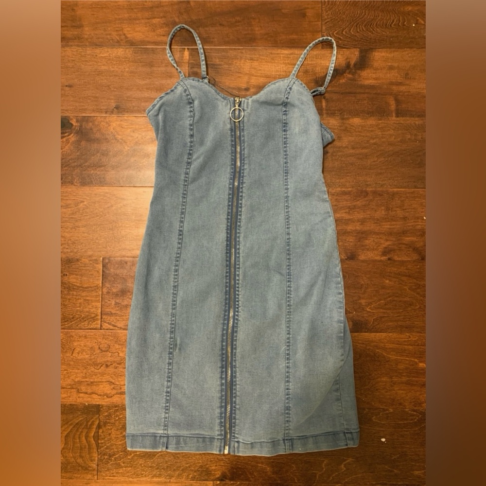 Denim zip up slim fit mini spaghetti strap dress.